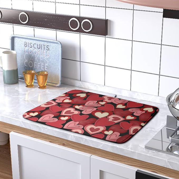 Valentine Dish Drying Mat for Kitchen Counter Red Black Love Heart Drying Pad Microfiber Absorbent Coffee Bar Mat Heat Resistant Countertop Protector Dishes Drainer Mat 18x24 Inch