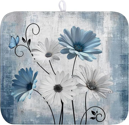 Dish Drying Mat for Kitchen Counter 16x18 Inch Blue Grey Daisy Drying Pads Rustic Vintage Floral Dish Dry Mat Microfiber Absorbent Farmhouse Dish Drainer Mat Flowers Dish Drainer Rack Mat
