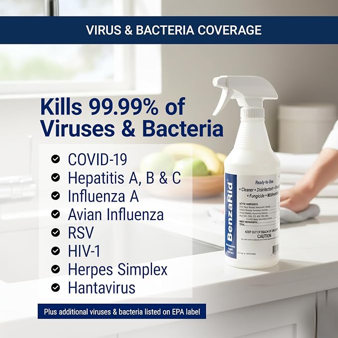 BenzaRid Hospital Disinfectant Sanitizer & Virucide | Kills 99.99% of COVID-19, Avian Flu H1N1,H1N2, H5N1, SARS, Bloodborne Pathogens, Staph, Bacteria & Mold | EPA Reg. | Child & Pet Safe 1 Gal