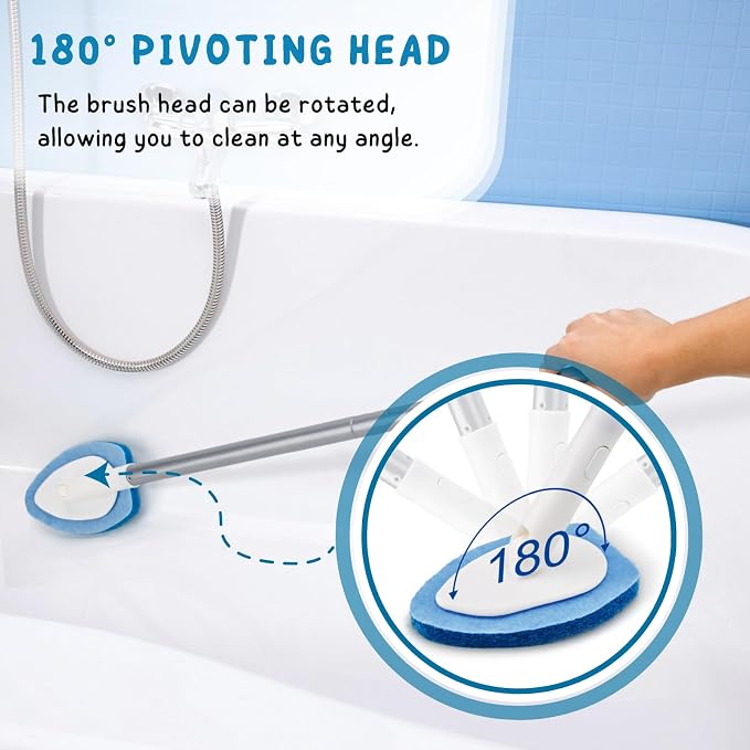 Shower Scrubber, Bathroom Tub and Tile Cleaner Brush with Long Handle, 47'' Bathtub Cleaning Tool with 6 Refill Pads