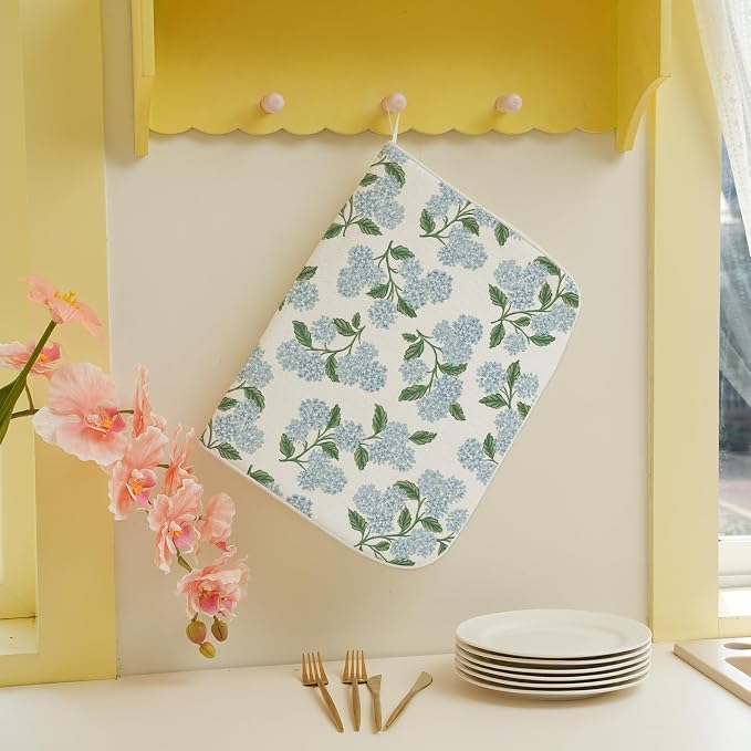 Blue Sage Green Hydrangea Dish Drying Mats 18x24 Inch Floral Mats Spring Holiday Kitchen Decor Absorbent Drying Dish Pad Rack Drainer Mats for Kitchen Dining Room