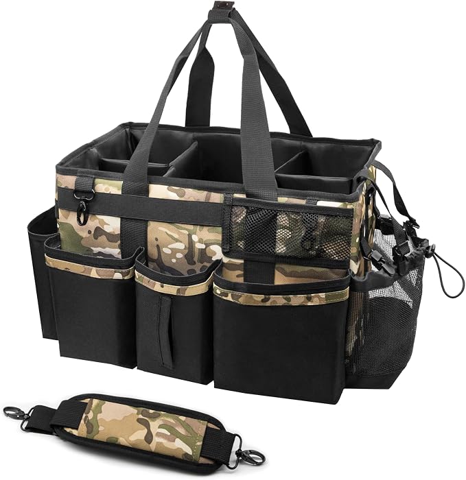SCAVATA Wearable Cleaning Caddy Organizer with Handle & Shoulder Straps for Housekeepers, Under Sink & Car Cleaning Tool Organizer Bag with 4 Foldable Dividers (Camouflage)