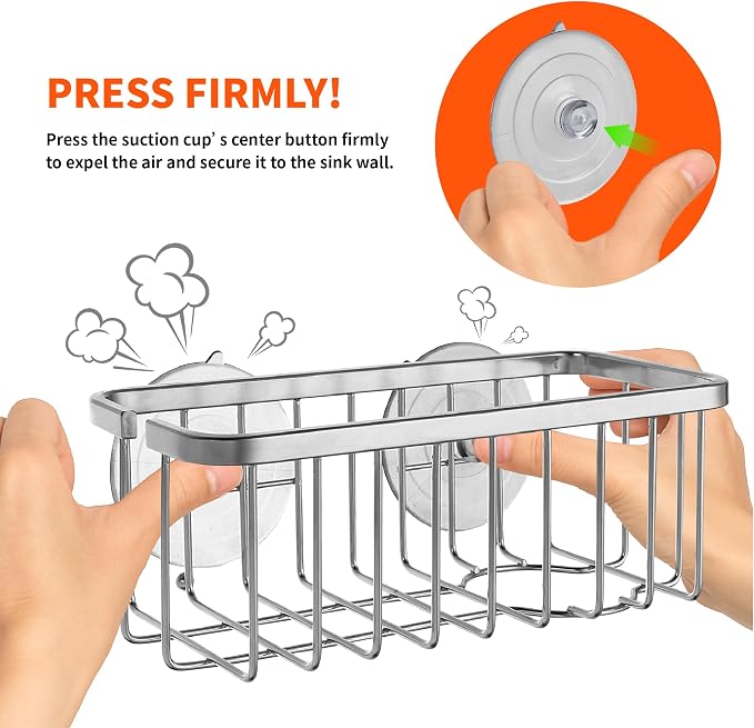 SunnyPoint NeverRust Deluxe Kitchen & Bathroom Sink Sponge Holder Organizer with Adhesive Mount - Additional Suction Cup Included – Sponge & Brush NOT Included – 7.4 x 3.3 x 2.75 Inch (Pack of 2)
