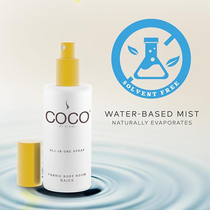 COCO by Stone 5oz All-in-One Spray Baies Fabric & Room Spray | Shake-and-spray formula for fabrics, pillows, clothing, and rooms with a luxurious Baies fragrance. Vegan & cruelty-free.