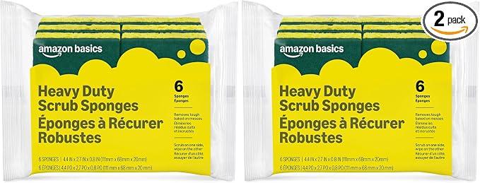 Amazon Basics Heavy Duty Dual-Sided Scrub Sponges, Reusable, 4.4 x 2.7 x 0.8 in, Yellow/Green, (Pack of 12)