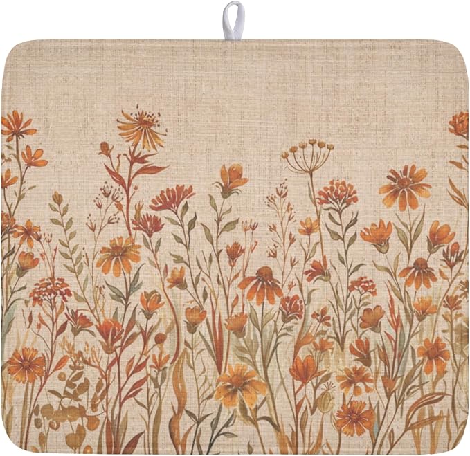 Fall Floral Dish Drying Mat for Kitchen Counter 16 x 18 Inch Autumn Sunflower Dish Drainer Mat Absorbent Microfiber Thanksgiving Dish Rack Pad for Coffee Dining Bar Kitchen Decor
