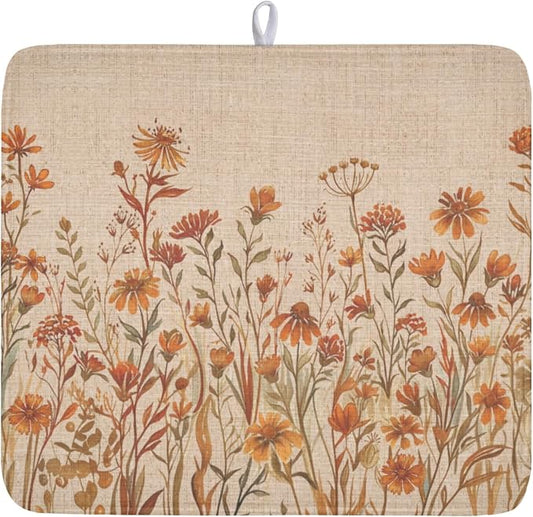 Fall Floral Dish Drying Mat for Kitchen Counter 16 x 18 Inch Autumn Sunflower Dish Drainer Mat Absorbent Microfiber Thanksgiving Dish Rack Pad for Coffee Dining Bar Kitchen Decor