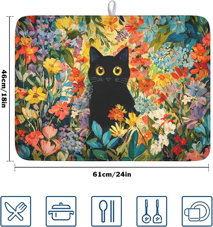 Spring Summer Floral Cat Dish Drying Mat for Kitchen Counter Abstract Oil Painting Wildflower Microfiber Dish Drainer Mat Rustic Absorbent Washable Drying Pad Extra Large 18"x24"