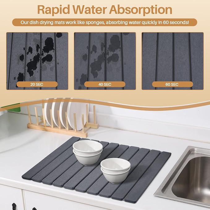 2 PCS Quick Dry Stone Dishes Mats for Kitchen Counter,Collapsible Quick Drying Dish Mats,Ultra Absorbent Diatomaceous Earth Mats for Dishes Bottles Cups, Match Any Countertop（Dark Gray 24"×16"& 8"x4"）