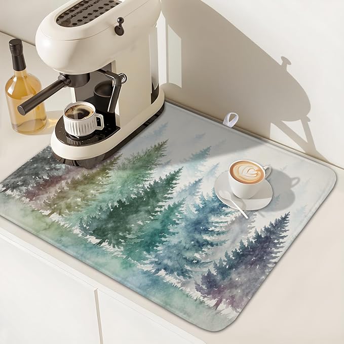 Giwawa Pine Tree Dish Drying Mat Natural Forest Fog Microfiber Dishes Pad 16x18 Inch Absorbent Fast Dry Dish Drainer Rack Mats for Kitchen Counter