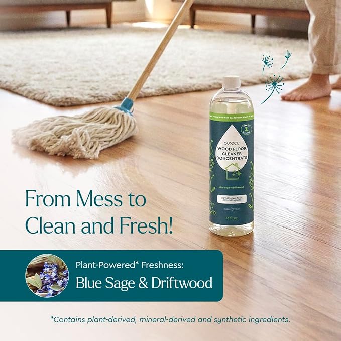 Puracy Wood Floor Cleaner Concentrate - pH Neutral Plant-Powered Hardwood All Purpose Cleaner - Residue-Free Non-Sticky Cleaning Solution As Seen on TikTok (Blue Sage & Driftwood, 16 fl oz)