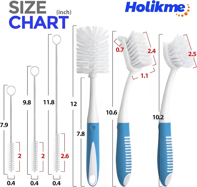Holikme 6 Pack Dish Brush Set with Bottle Brush, Dish Scrub Brush, Pan Brush and 3 Straw Brushes, Deep Cleaning Handle Brush with Scraper Tip for Kitchen Sink Dishes Bottle Cup Pot and Pans (Azul)