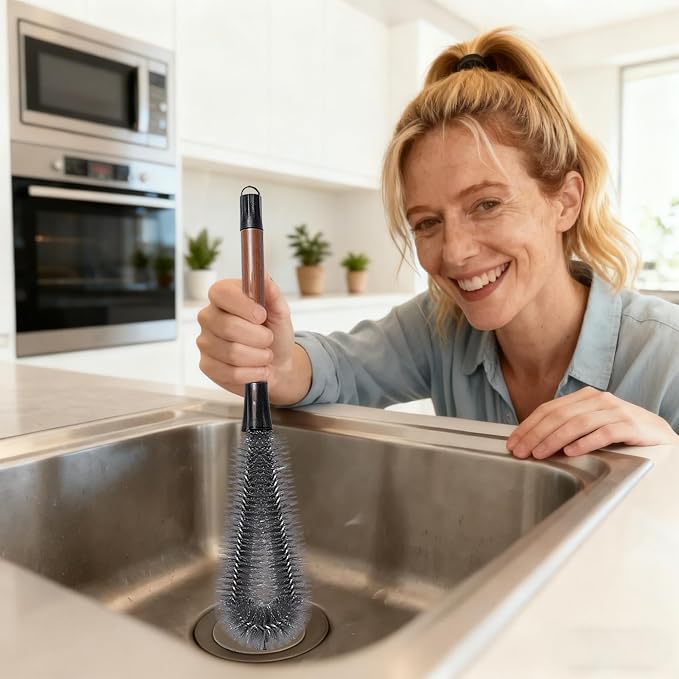 2-in-1 Garbage Disposal Brush with Gap Cleaner, 14" Extra Long Handle Cleaning Brush for Removing Residue, Odor, Build-Up, Universal Kitchen Sink Drain Cleaner (Walnut Color)