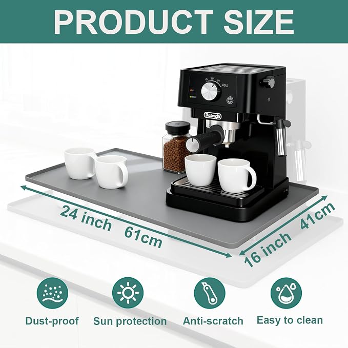 Silicone Coffee Mat, 24"X16" Heat-Resistant,Eco-friendly,Hygienic Drying Pad,Leak-Proof and Non-Slip,Removable Silicone Mat with Concave and Convex Design,（Gray 24X16）