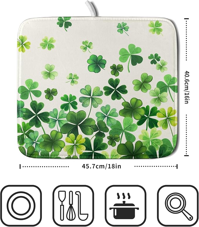 Spring Sage Green Shamrocks Drying Mat 16x18 Inch St. Patrick's Day Irish Shamrock Clover Dish Rack Pad Super Absorbent Dish Drainer Mat Dish Drying Pad Mats Protector for Kitchen Counter Coffee Bar