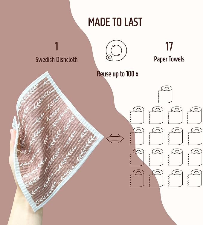 Swedish Dishcloths for Kitchen, 5 Pack Reusable Paper Towels Washable, Super Absorbent Swedish Dish Cloths, Non-Scratch, Biodegradable
