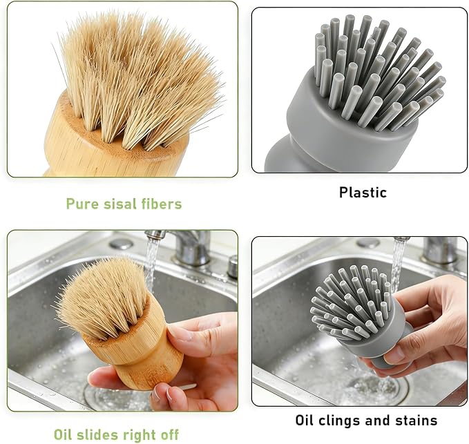BoAn Bamboo Dish Brush Set with Holder, Natural Kitchen Dish Scrub Brushes with Drain Rack, Dual Bristles for Pots & Dishes, Fast Dry Design with Bonus Magic Cleaning Sponge