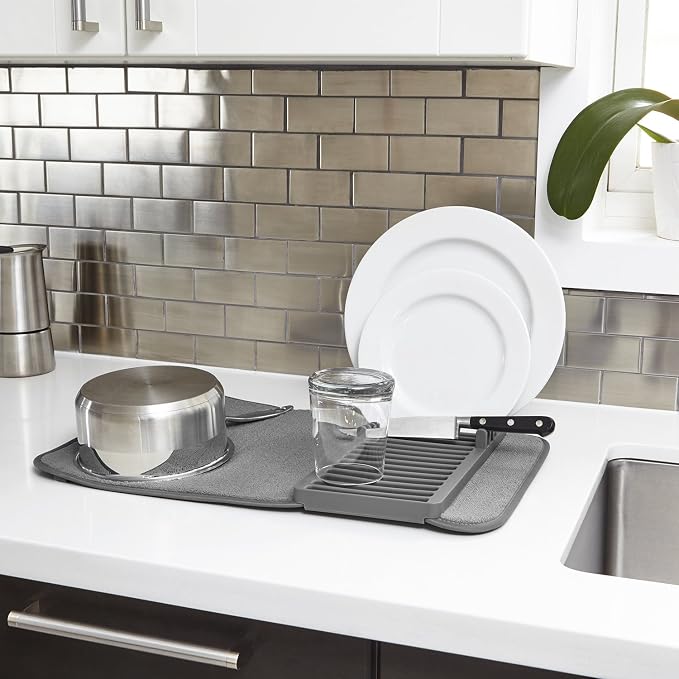 Umbra Udry Dish Rack and Microfiber Drying Mat – Space-Saving Design Folds Up for Easy Storage, Mini Rack, Gray
