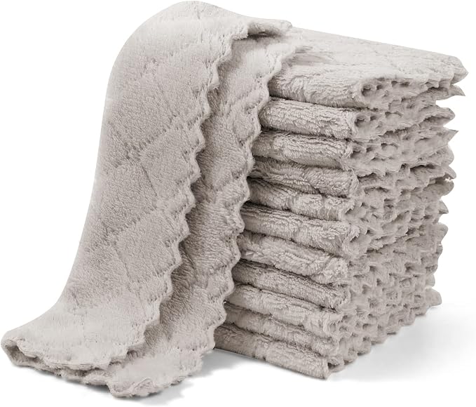 UMANI 12 Pack Kitchen Dish Cloths, Ultra Soft Absorbent Quick Drying Dish Towels, Nonstick Oil Microfiber Cleaning Cloth, Machine Washable Coral Fleece Cleaning Rags (Grey)