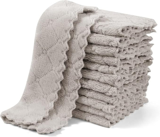 UMANI 12 Pack Kitchen Dish Cloths, Ultra Soft Absorbent Quick Drying Dish Towels, Nonstick Oil Microfiber Cleaning Cloth, Machine Washable Coral Fleece Cleaning Rags (Grey)