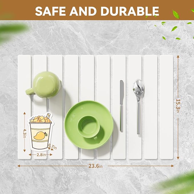Large Stone Dish Drying Mat for Kitchen Counter,23.6''x15.3'' Foldable Quick Dry Stone Kitchen Mat,Eco-Friendly,Absorbent Diatomaceous Earth Mats for Dishes Bottles Cups Bathroom Any Countertop-White