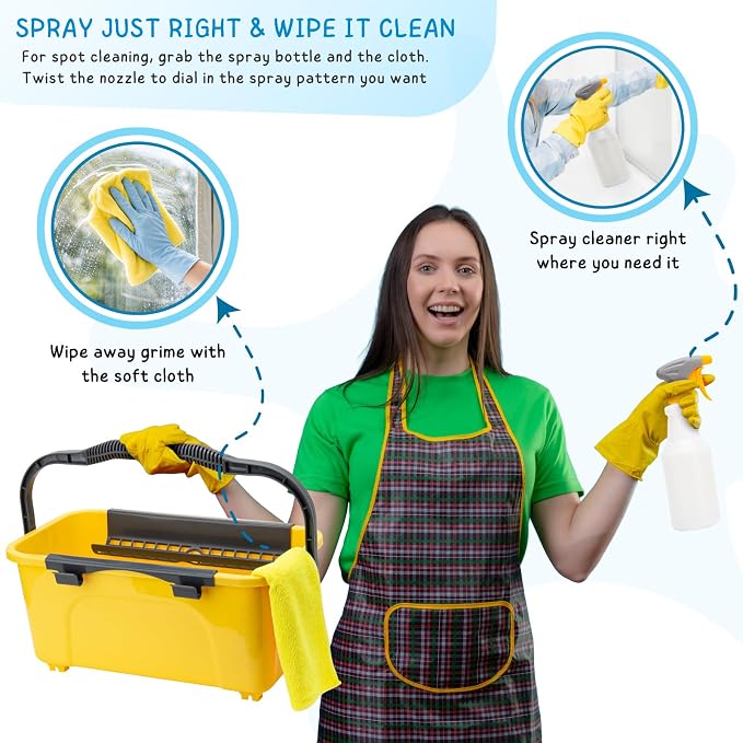 Professional Window Cleaning Kit with 3 Gallon Bucket, 6 Ft Long Handle Glasses Cleaner Squeegee with Spray Bottle and Scrubber for Home and Commercial Use, Car Windshield Washing Tool, Yellow