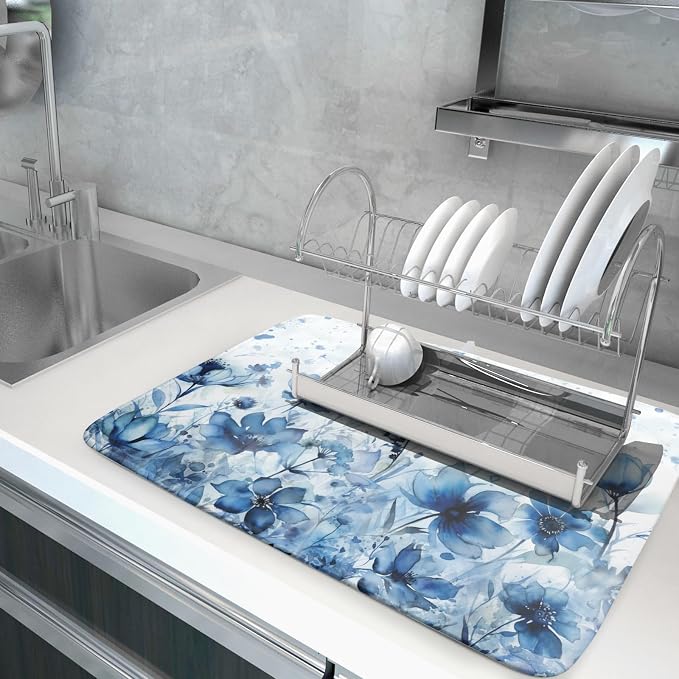 Giwawa Blue Floral Dish Drying Mat for Kitchen Counter Watercolor Leaves Dishes Drainer Rack Mat Absorbent Microfiber Dish Draining Pad 18x24 Inch