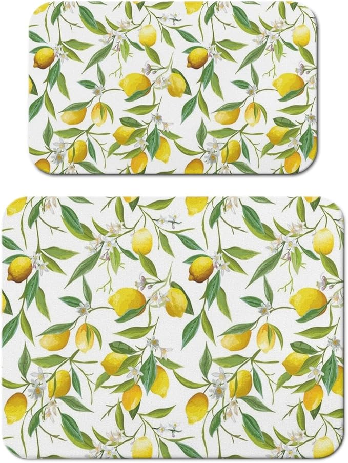 Dish Drying Mat 2-Pack with Lemon for Kitchen Counter Absorbent Dishes Mat | Diatom Mud Mats (18x24, 19.5x12"). Non-slip rubber back for kitchen counter, coffee bar & sink scenes