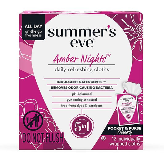 Summer's Eve Amber Nights Feminine Wipes, with Gentle pH-Balanced Formula Designed to Remove Odor, Individually Wrapped Wipes, 12 Count