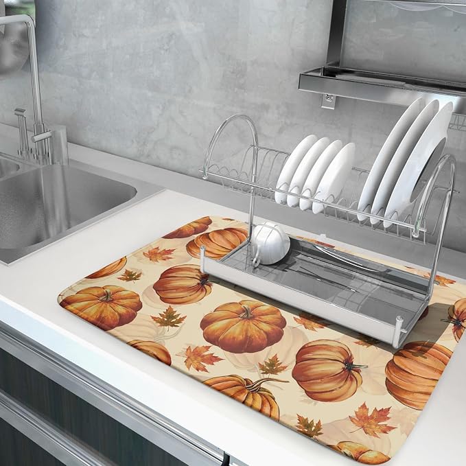 Fall Dish Drying Mat for Kitchen Counter Watercolor Pumpkin Festival Microfiber Absorbent Dish Draining Reusable Washable Foldable Extra Large 18"x24"