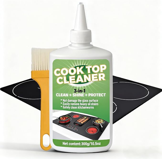 Glass Cooktop 3-in-1 Cleaner Kit, Removes Grease & Burnt-On Food, Safe for Gas, Induction, Electric Cooktops & Air Fryers, Stove Top Polish and Shine, Multi-purpose Cleanser (300g) (1)