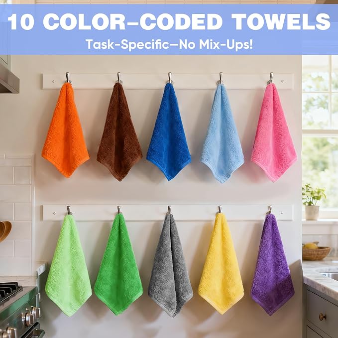 TEAWOO 10 Colors Microfiber Cleaning Cloths, 10 Pack Assorted Cleaning Rags, Highly Absorbent Microfiber Towels for Car, Kitchen, Bathroom and Household Cleaning, 11.8"X11.8"