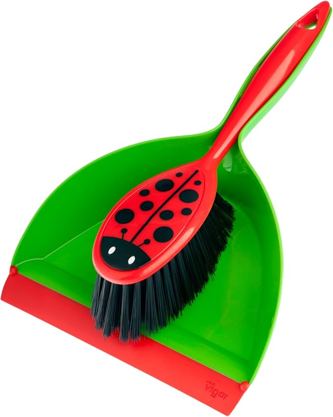 Vigar Flower Power Dust Pan and Brush Set, Green Red Black | Handheld Broom and Dustpan Set With Whisk Broom, Small Dustpan and Brush Set, Compact Indoor Sweeper for Countertop