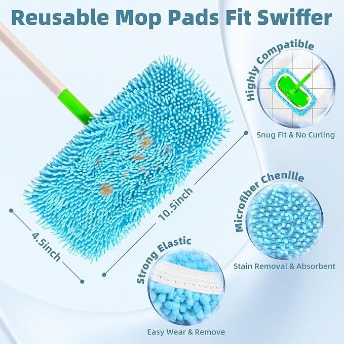 Reusable Microfiber Mop Pads Compatible with Swiffer Sweeper Mop, Washable Wet Pads Refill & Chenille Dry Sweeping Cloths for Use on All Sealed Floors - Wood, Laminate, Stone & Tile (10 Coral Blue)