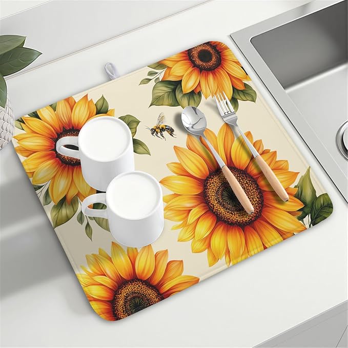 Sunflower Dish Drying Mat 16x18 Inch Absorbent Reversible Summer Drying Mat Sunflower Bee Dish Drying Rack Mat Yellow Summer Themed Dish Drainer Mat for Kitchen Counter Coffee Bar