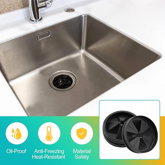 2 Pack 3 3/8 Inch Garbage Disposal Splash Guard & Stopper Set, Drain Cover & Strainer, Easy Install Replacement Parts for Kitchen Sinks, Essential Home Kitchen Accessory, Black