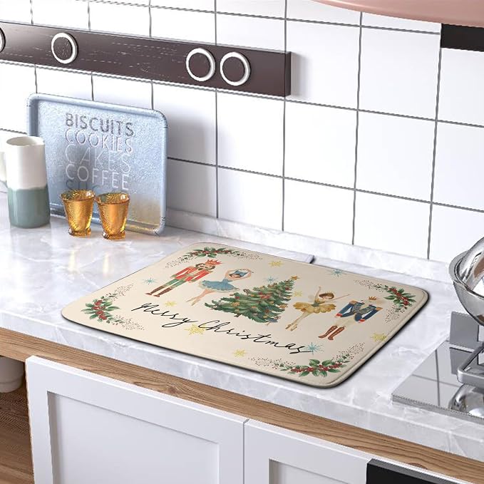 Merry Christmas Nutcracker Dish Drying Mat for Kitchen Counter 16x18 Inch Winter Xmas Tree Snowflakes Drying Mats Microfiber Absorbent Dish Drainer Washable Dish Rack Pad for Sink Coffee Bar