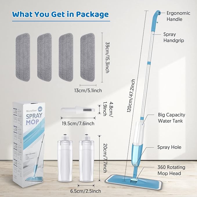 Spray Mops for Hardwood Floor Cleaning: MEXERRIS Wet Mops with 2 Bottles - Floor Mop with 4 Reusable Washable Pads for Swiffer Powermop - Dust Dry Mops with Spray for Laminate Wood Vinyl Tiles