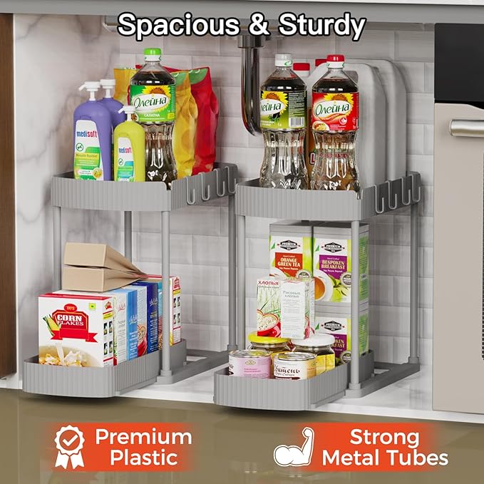 Ukeetap 2 Pack Multi-Purpose Pull-Out Storage Organizers, Under Sink Organizers and Storage for Bathroom & Kitchen, Under Cabinet Organizers and storage, 14.8 Inch, Grey