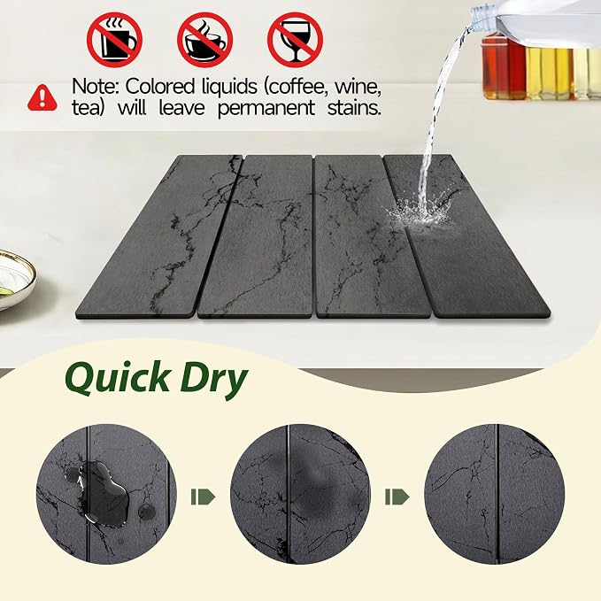 Large Stone Drying Mat for Kitchen Counter, 24"x16" Collapsible Quick Dry Dish Drying Mat, Water-Absorbent Marble Diatomaceous Earth Mats for Bottles Cups Dishes, Match Any Countertop