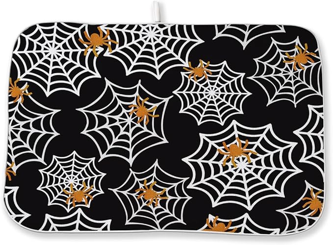 Halloween Dish Drying Mat 18 x 24 Inch Spider Web Drying Mat for Kitchen Counter Absorbent Spiders Black Dishes Dry Pad for Drainer Rack Kitchen Fast Dry