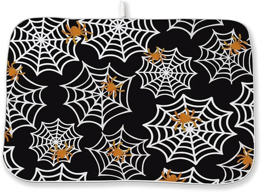 Halloween Dish Drying Mat 18 x 24 Inch Spider Web Drying Mat for Kitchen Counter Absorbent Spiders Black Dishes Dry Pad for Drainer Rack Kitchen Fast Dry