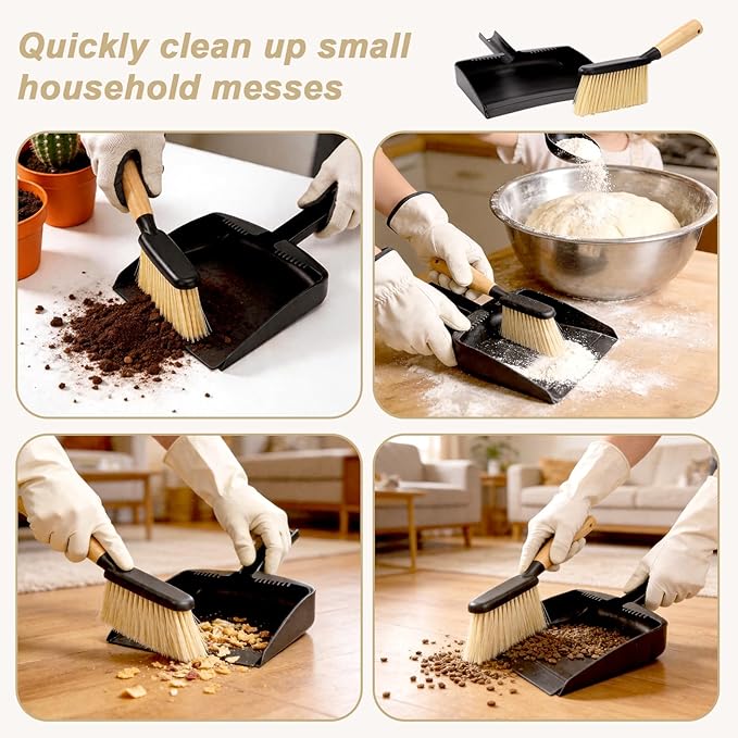 Mini Dustpan and Brush Set with Bamboo Handle, Black, 1 Set | Portable Multipurpose Broom Dustpan Set with Handle Teeth, for Desktops, Bedroom, Kitchen, Pet Care, Camping