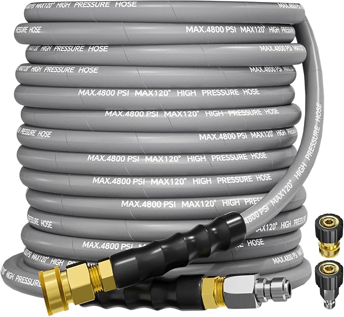 3/8" 4800PSI Pressure Washer Hose 50FT Swivel Quick Connect | Power Washer Hose for Cold/Hot Water Max 248°F, Kink Resistant Steel Wire Braided, Wear Resistant with M22 14mm Adapter