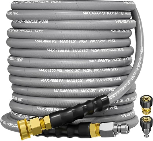 3/8" 4800PSI Pressure Washer Hose 50FT Swivel Quick Connect | Power Washer Hose for Cold/Hot Water Max 248°F, Kink Resistant Steel Wire Braided, Wear Resistant with M22 14mm Adapter