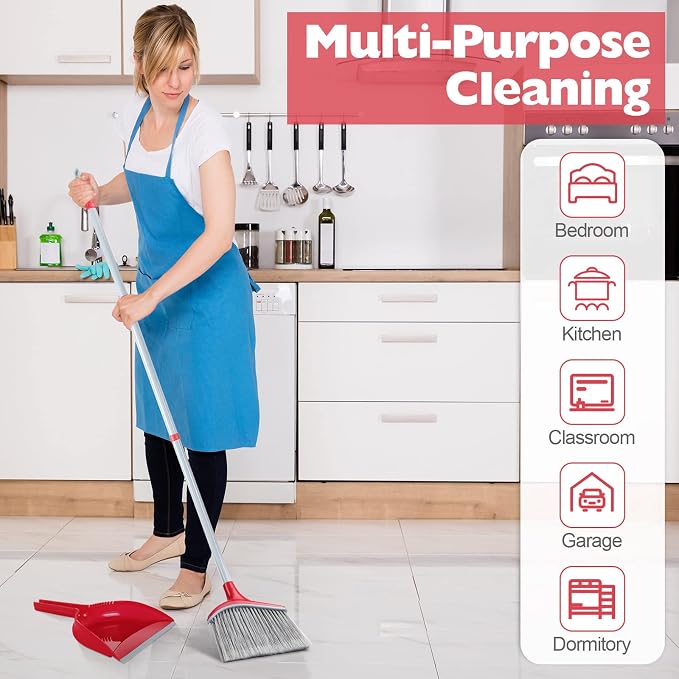 Meanplan 4 Pcs Angle Broom and Dustpan Combo Set for School Classroom 54'' Outdoor Indoor Cleaning Broom Commercial Broom with Step-on Dustpan for Home Kitchen Office Floor Dirt Dust Hair Cleaning
