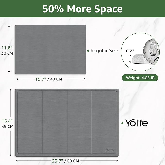 Yolife Extra Large Stone Drying Mat for Kitchen Counter, 23.7" x 15.4" Kitchen Stone Dish Drying Mat, Quick Drying Diatomaceous Earth Dish Drying Mat, Stone Dish Mat with Non Slip Pad (Grey)