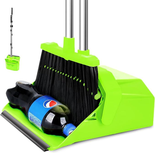 Broom and Dustpan Set for Home, 51" Long Handle Standing Pan Light Green | Self-Cleaning Dust Pan and Brooms, ZeroGap Lip, Upright Storage Broom Combo for Kitchen Lobby Office Restaurant Indoor