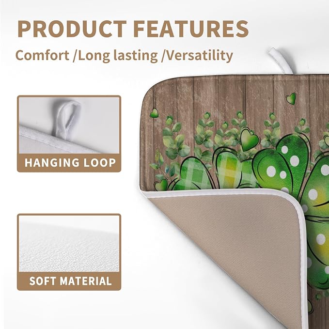 St Patricks Day Wooden Plank Shamrock Drying Mat for Kitchen Counter St Patrick Eucalyptus Leaves Clover Dish Drainer Mats Absorbent Microfiber Dishes Pad Reusable Washable Dry Mat 16x18 Inch