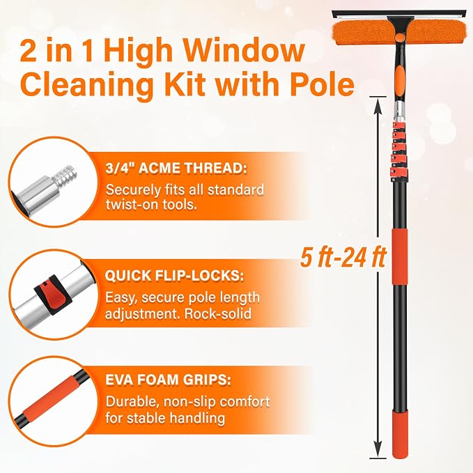 14" Extra-Wide Window Squeegee with Extension Pole, 30FT High Reach Window Cleaning Kit with- 2-in-1 Professional Window Scrubber & 5-24FT Extension Pole, for Indoor & Outdoor High Windows,RVs